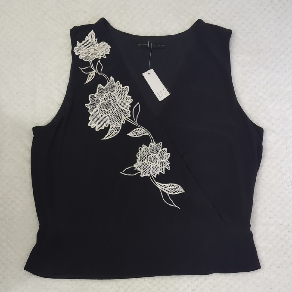 WHBM Black Sleeveless Top with White Floral Embroidery